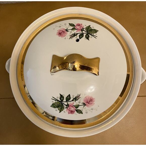 Hall China Flare Ware Rose Pattern Vintage Serving Bowl With Lid Rare Gold Trim - Picture 2 of 9